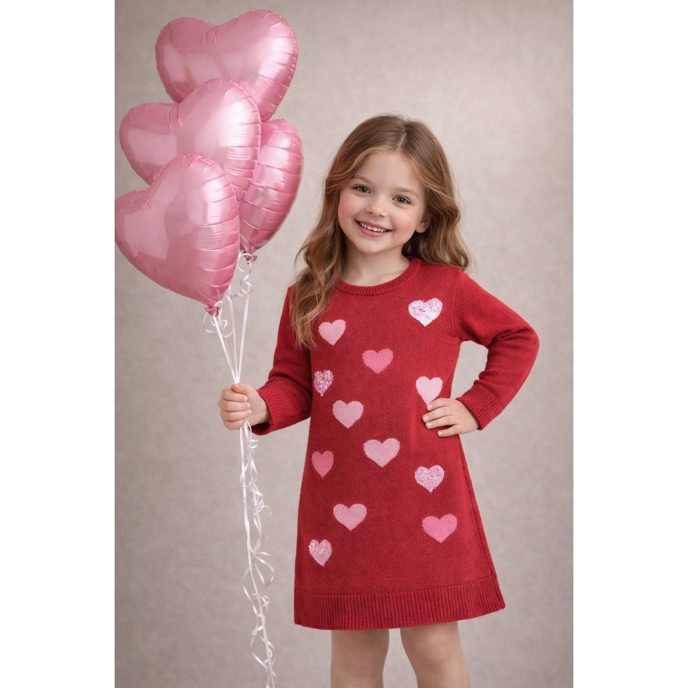 The Children's Place‎ Girls Red Sweater Dress Hearts Sequin Knit Size 5/6